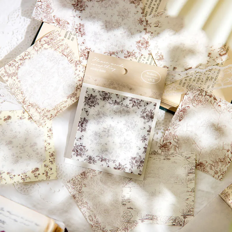 Memo Flowers Pad Material Paper, Sticky Notes, Stamped Handbook Writing, Bottoming Decorative Message Backing, 110x77mm, 50Pcs