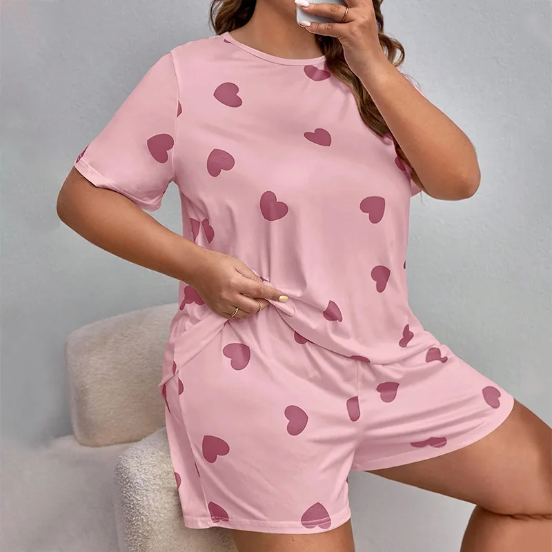 5XL Plus Size Women\'s Pajama Set Short Sleeve Heart Print Top & Shorts 2 Pieces Sleepwear Faux Cotton Screw Neck Nightwear