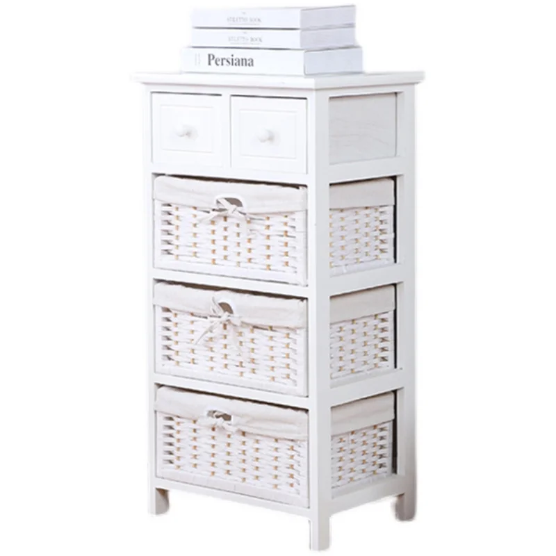 

Solid wood finishing cabinet rattan multi-layer pastoral storage cabinet locker simple drawer-type chest white w