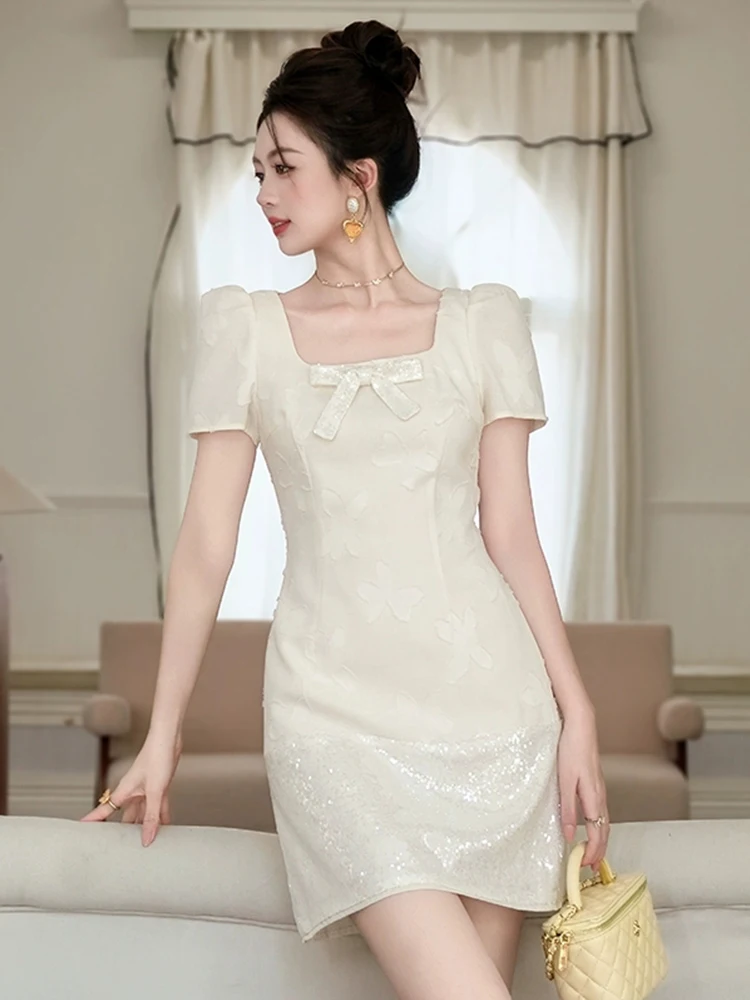 

Women's Cute Elegant Bowknot Sequin Patchwork Mini Dress Lady Kawaii Chic Short Club Gown Female Party Dating Casual Vestidos