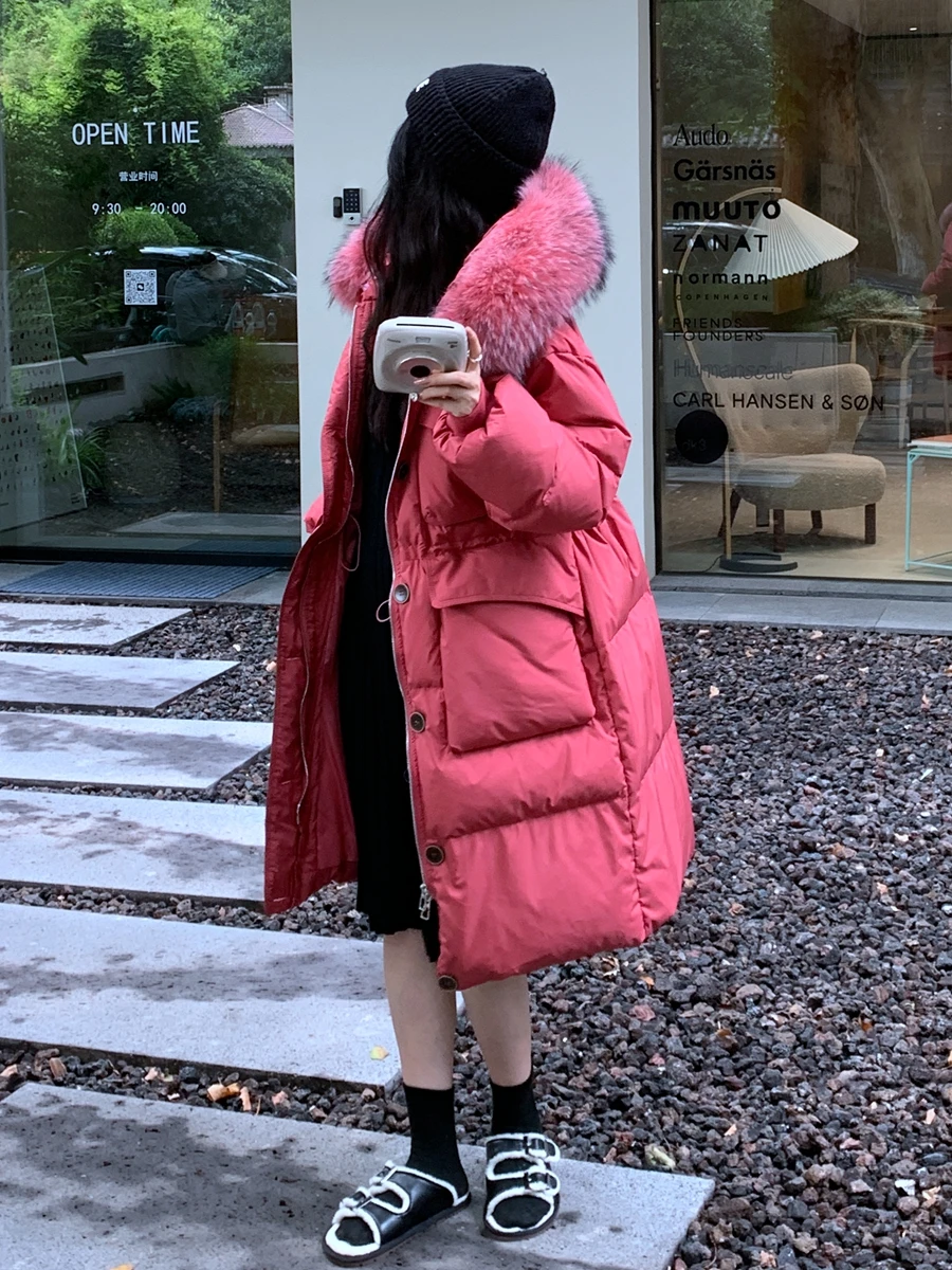 Women Big Fur Collar Hooded Long Down Jacket Winter 2023 New Single-Breasted Cinched Thicken White Duck Down Over-the-Knee Coat