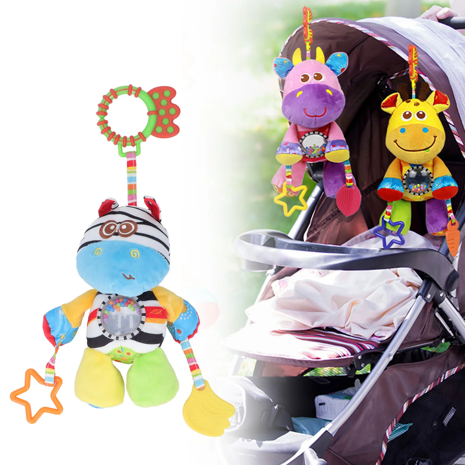 ZK40 Baby Stroller Plush Rattle Toy Cartoon Animal Shaped Hanging Soother Comfort Doll for Infant Crib Colored Zebra