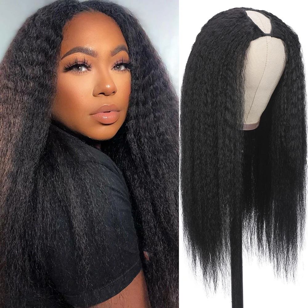 Wignee V U Part Wig Human Hair Kinky Straight Human Hair Wigs For Women 180% Density V Part Yaki Straight Brazilian Glueless Wig