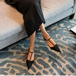 2025 New Slimming T-shaped Pumps Women Sexy Thick Heel Pointed Mid Heel Single Shoes Stain Summer Shallow Party Dress Shoe