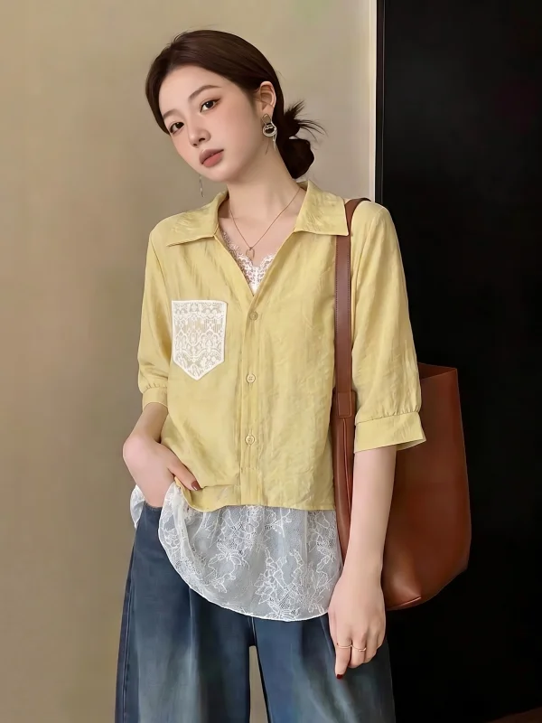 

Yellow Lace Trim V-Neck Short Sleeve Shirt Women's plus Size Summer New Style Korean Version Loose Fit Office Wear Top