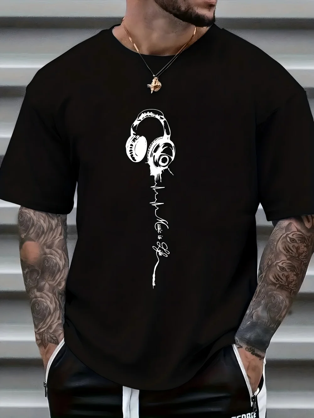 New American men's summer headphones with letter print micro elastic breathable round neck T-shirt outdoor urban casual top