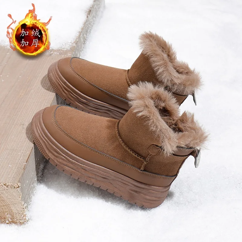 Zapatos de suela gruesa para mujer, botas de nieve cálidas de terciopelo de alta calidad, versátiles e informales para aumentar la altura, ocio, invierno, 2024