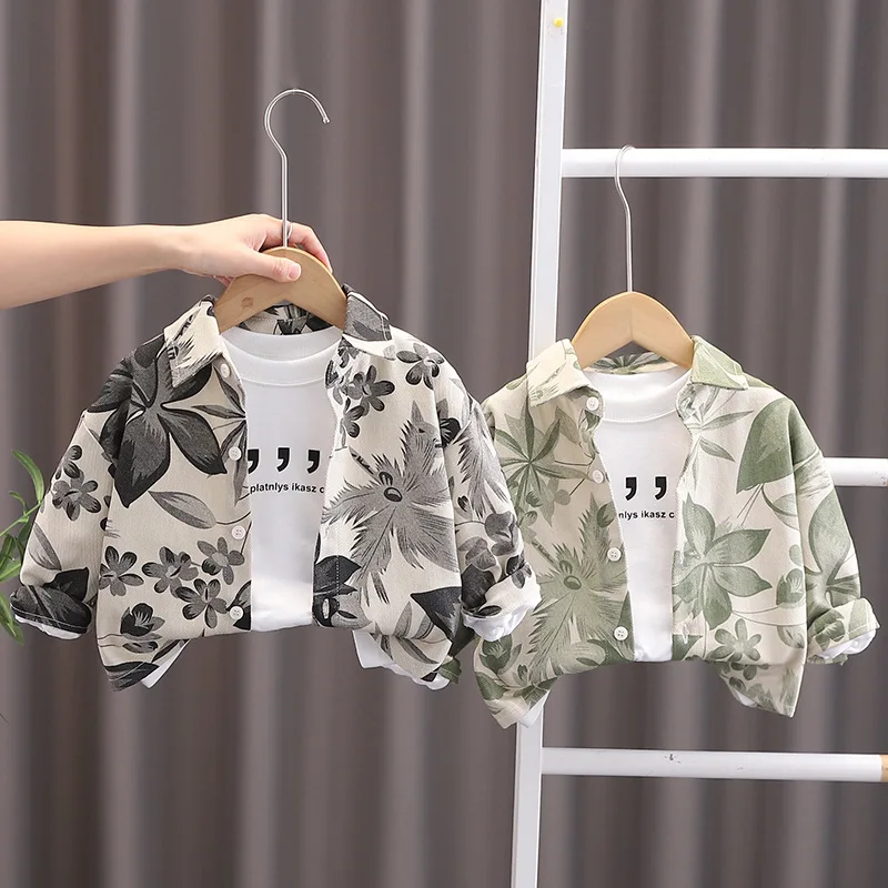 

Spring and Autumn New1-5Year-old Toddler Boys Full Print Leaf Cotton Long Sleeve Shirt Fashion Shirt