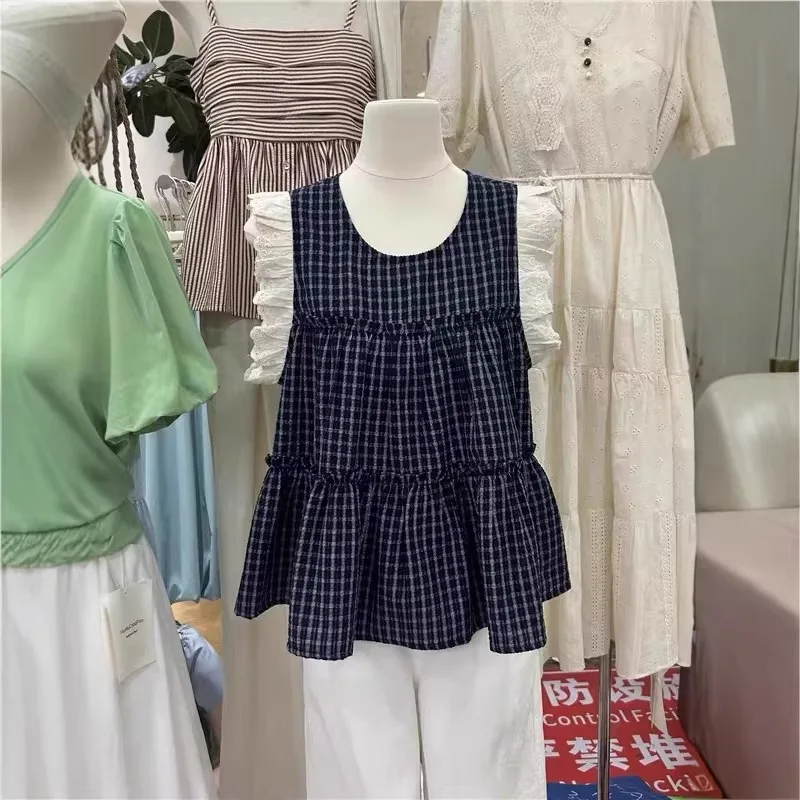 Women's Checkered Sleeveless Blouse, Lace Ruffle Cap Sleeve Tiered Babydoll Top, Loose-Fit Casual Shirt for Spring & Summer