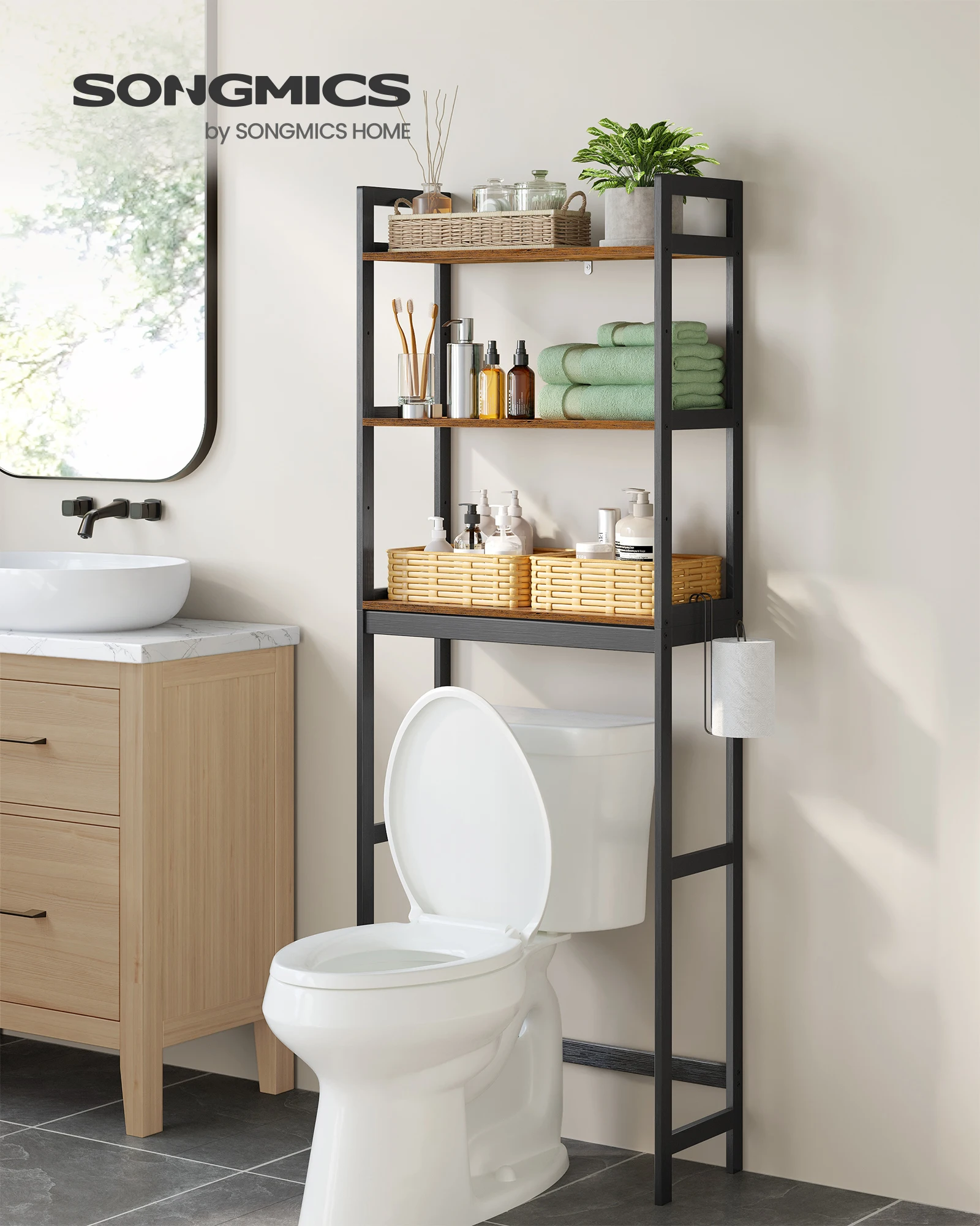 

SONGMICS Over-The-Toilet Storage, 3-Tier Bathroom Organizer Over Toilet with Adjustable Shelves, Hooks, Bamboo
