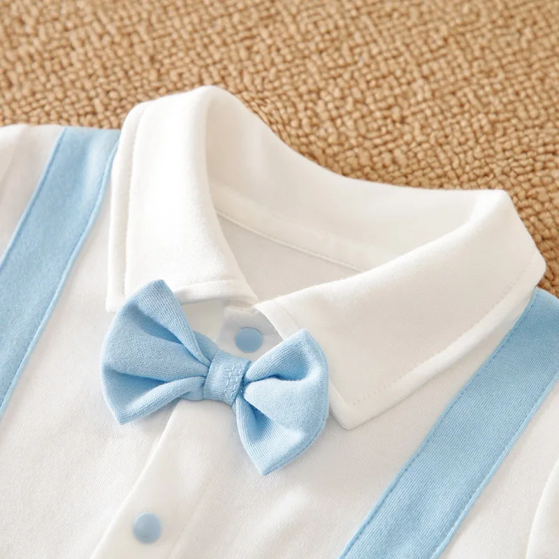 Autumn and winter newborn long sleeved gentleman light blue bow tie pure cotton jumpsuit