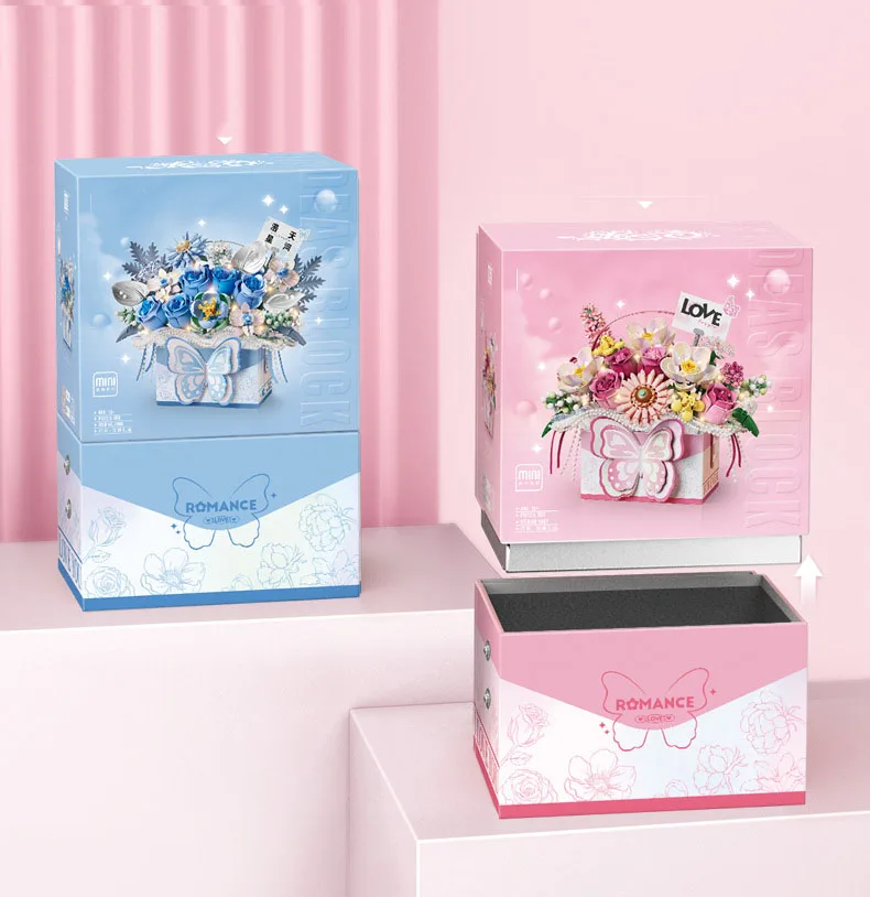 Idea Mini Block Romantic Flower Box Construction Rose Butterfly Building Bricks Educational Toy With Light For Girls Gifts