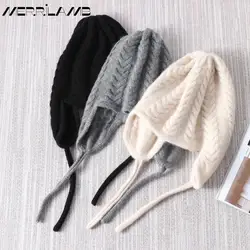 Knitted Cashmere Warm Trapper Hat Winter Women Wool Hats Bomber Hats Casual Adult Caps Ear Flaps Bomber Caps For Women's Bone