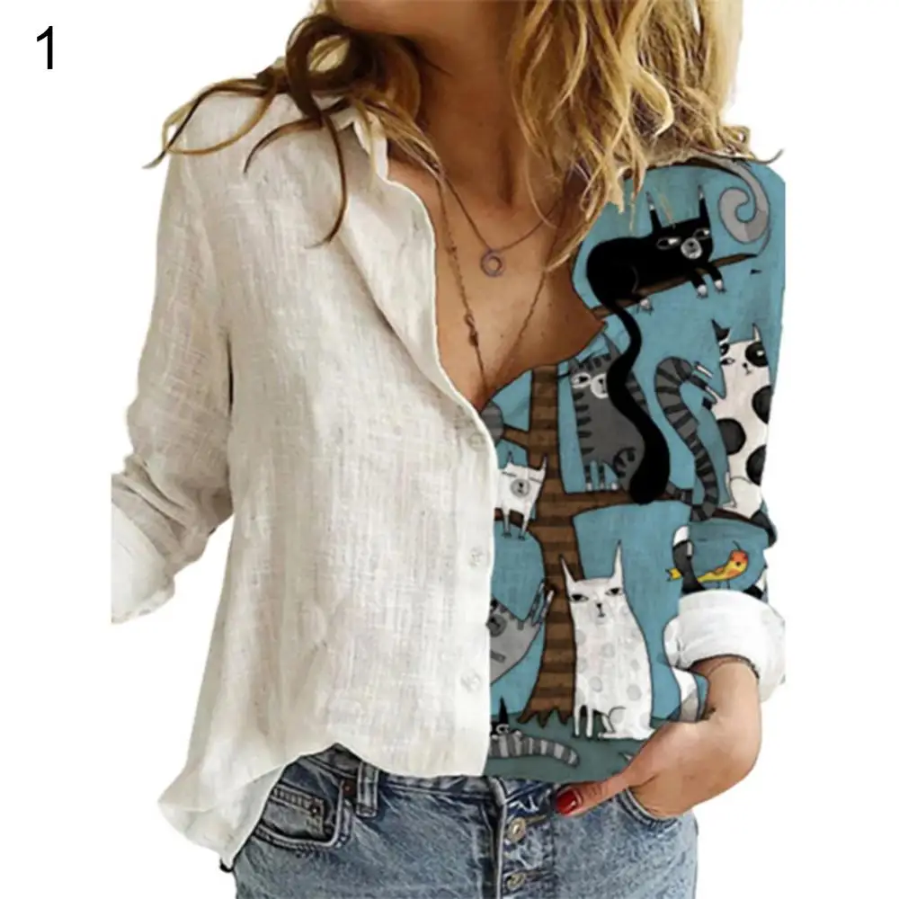 Camisa feminina com estampa patchwork, gola virada para baixo, manga comprida, peito único, casual roupa de escritório, moda, nova