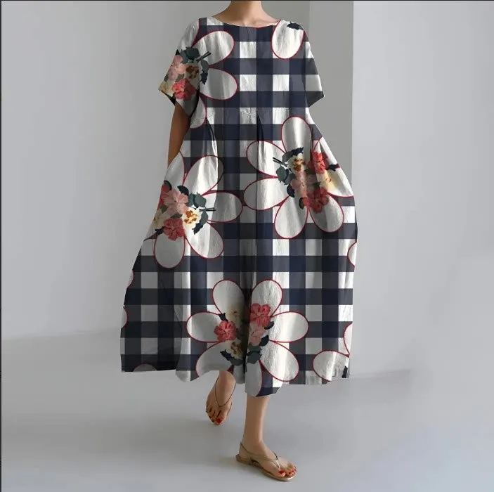 New Women's Loose Round Neck Fashionable High-end Short-sleeved Printed Dress