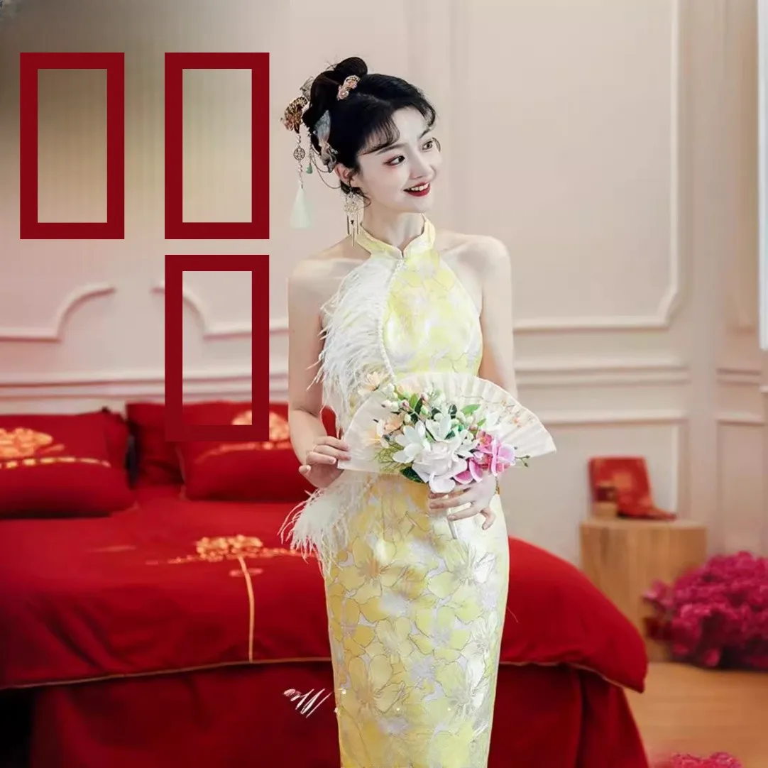 

Yellow New Chinese Sle Morning Robe Wedding Dr for Bride 2025 New National Sle Engagement Ceremony Dr