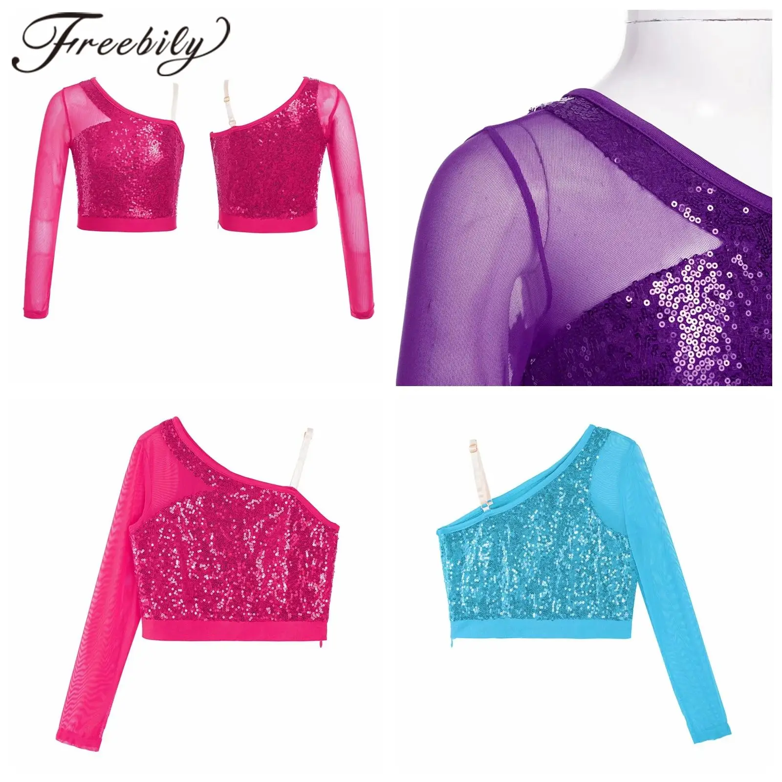 

Kids Girls Jazz Dance Cheerleading Costume Long Sleeve One Shoulder Sequin Dance Crop Top Music Festival Hip Hop Disco T-Shirt