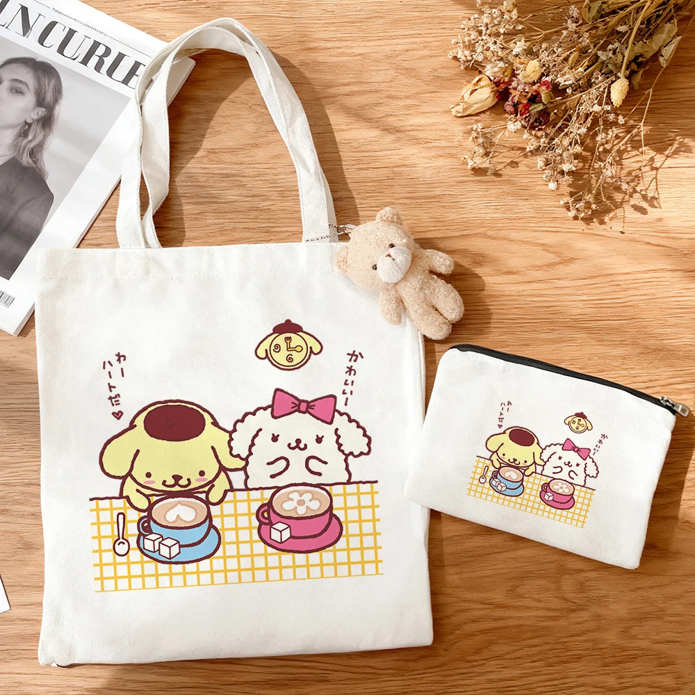 3pcs/set Large Capacity Pom Pom Purin Multi Character Canvas Tote Bag Cute Cartoon Print Anime Eco Cotton Reusable Shopping Bag view 5