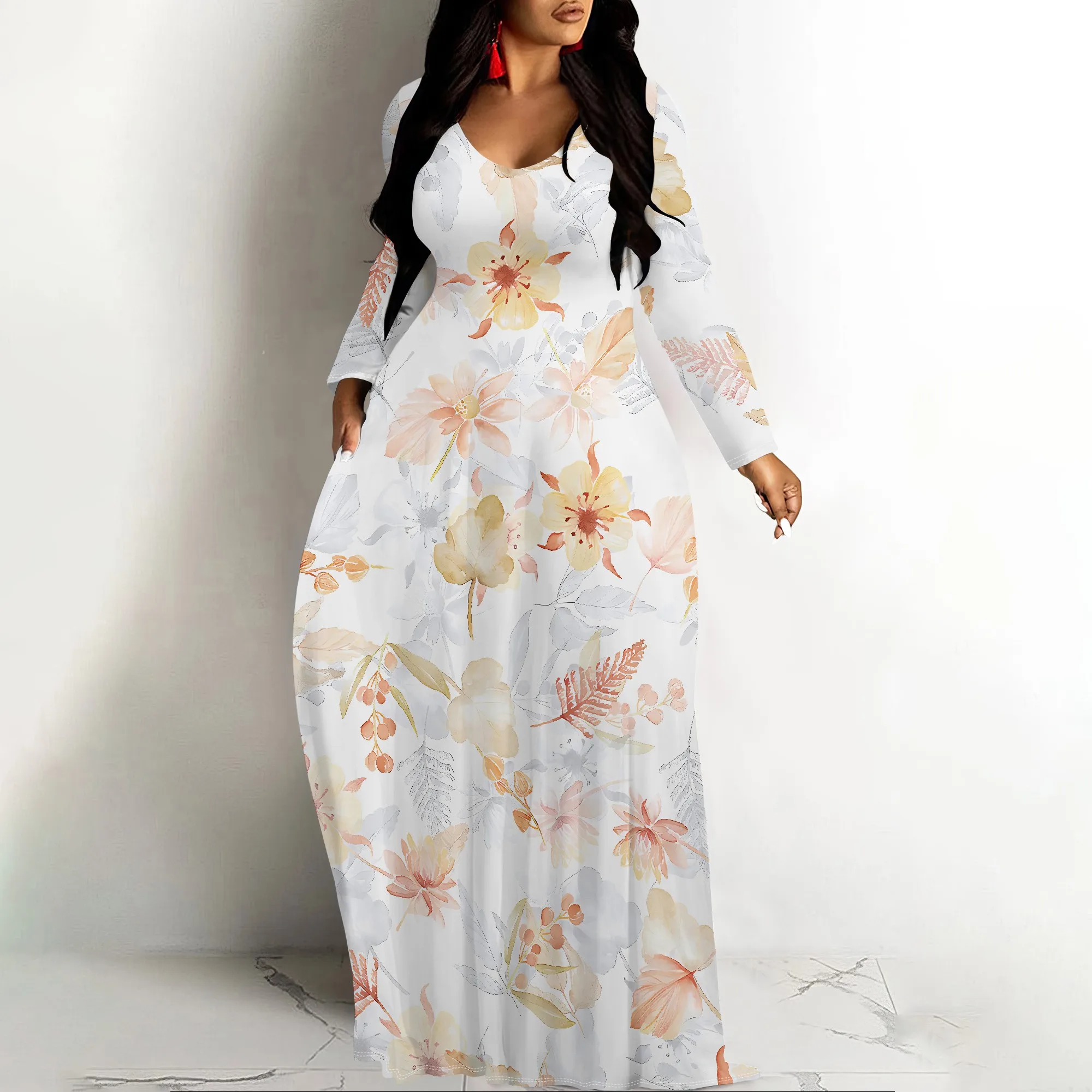 

Women's Floral Orange Maxi Dress Long Sleeve Flowy Summer Elegant