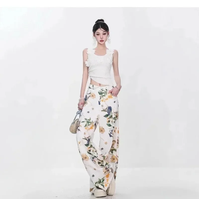 

American Retro Floral Print Wide Leg Denim Jeans Women's Loose High Waist Straight Floor-Length Pants Autumn Trend Jeans Print