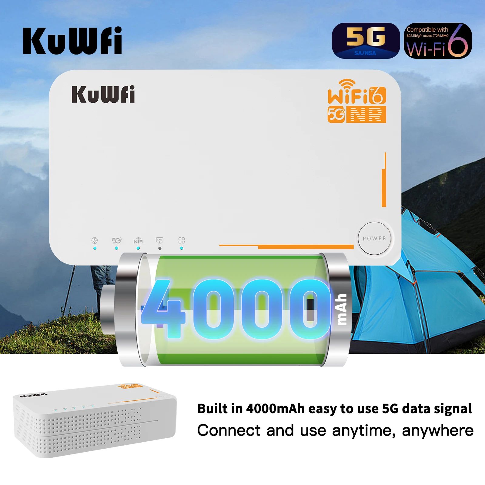 KuWFi C160 Unlocked Portable 5G CPE Router Ax3000 4000mAh Battery WiFi 6 Pocket Router Supporting 2.4G/5G Frequency Mobile Use