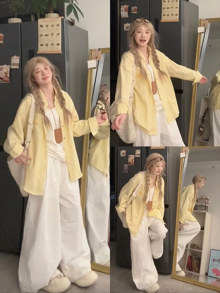 

Sweet Korean Sle Long Sve Yellow irt Jaet Women's Spring Autumn Loose Open Cardigan Outerwear Design Unique Top