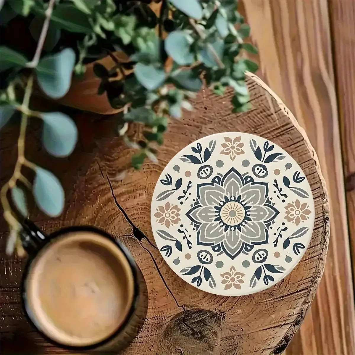 

4in 2D Exquisite Beige Bohemian Style Mandala Pattern 3mm Round Wooden Coaster Party Restaurant Office Design Fashion Hotel