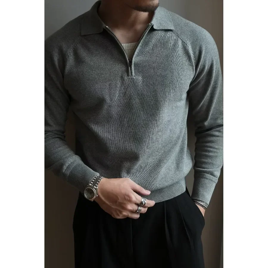 Pop Autumn/Winter Gentleman Men's Half-height Zipper Knit Long-sleeved Polo Shirt Sweater Men Retro Business Casual Commuter T-s