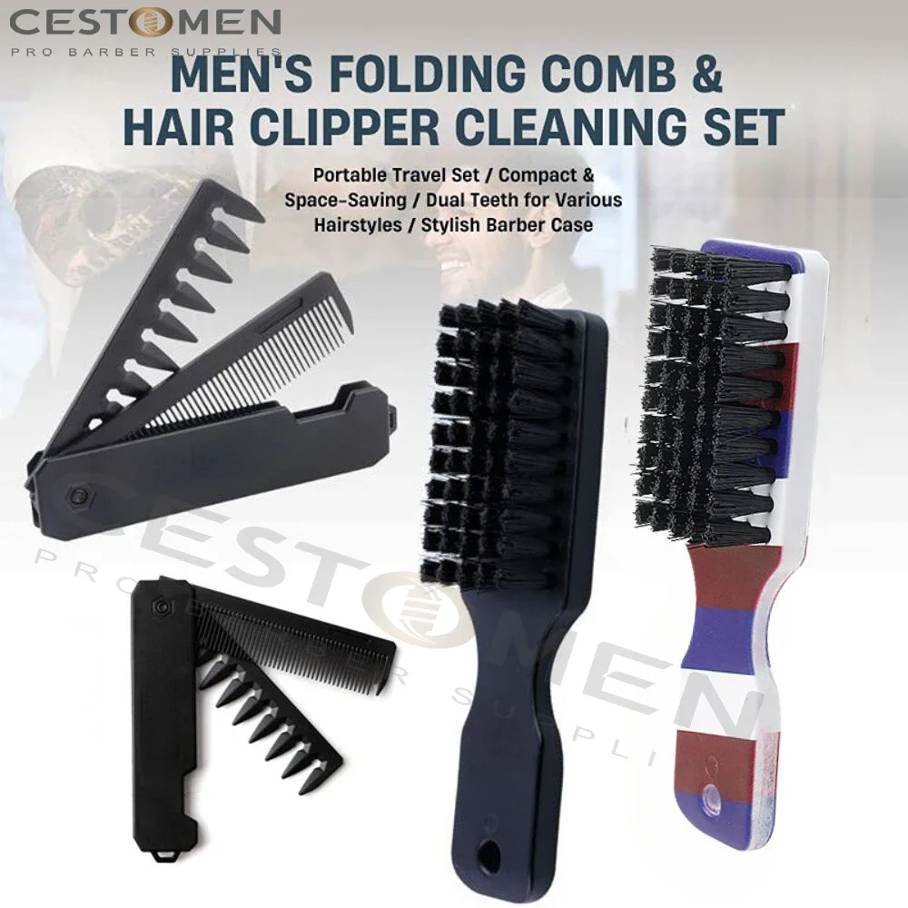 NEW Barber Striped Cleaning Fade Brush Sets Professional Haircut Hair Removal Brushes  Folding Comb Kits Facial Styling Tools