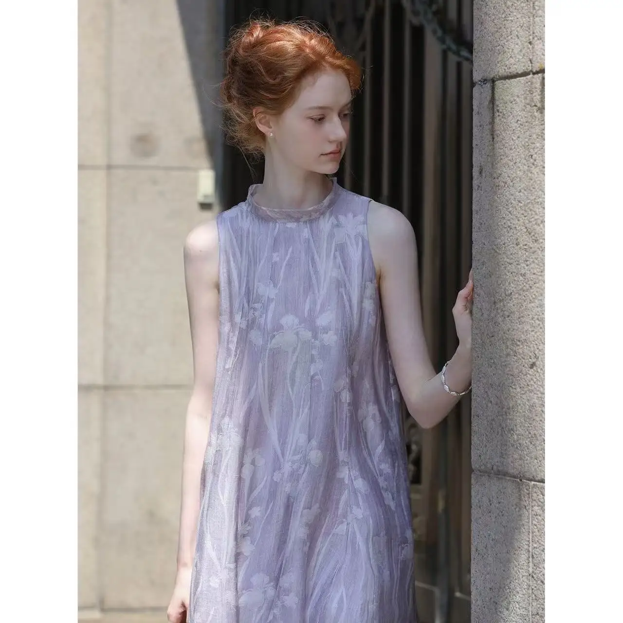Heavy Industry Elegant Purple Natural Mulberry Silk Extended Women's Elegant Purple Casual Summer Round Neck Sleeveless Dress