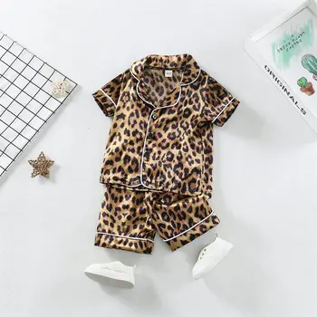 Kids Leopard Print Pajama Set 3 Boys Girls Kids Pajama Sets Cartoon Leopard print Short Sleeve T-Shirt Tops Pants Toddler Baby Sleeping Cloth Pijamas Sleepwear 3