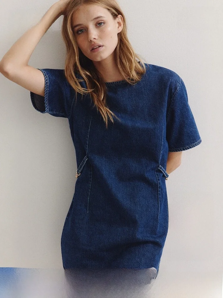 

Женское джинсовое платье H&M Dr Spring Summer Denim Bule Design с круглым вырезом, коротким рукавом, из хлопка, повседневное