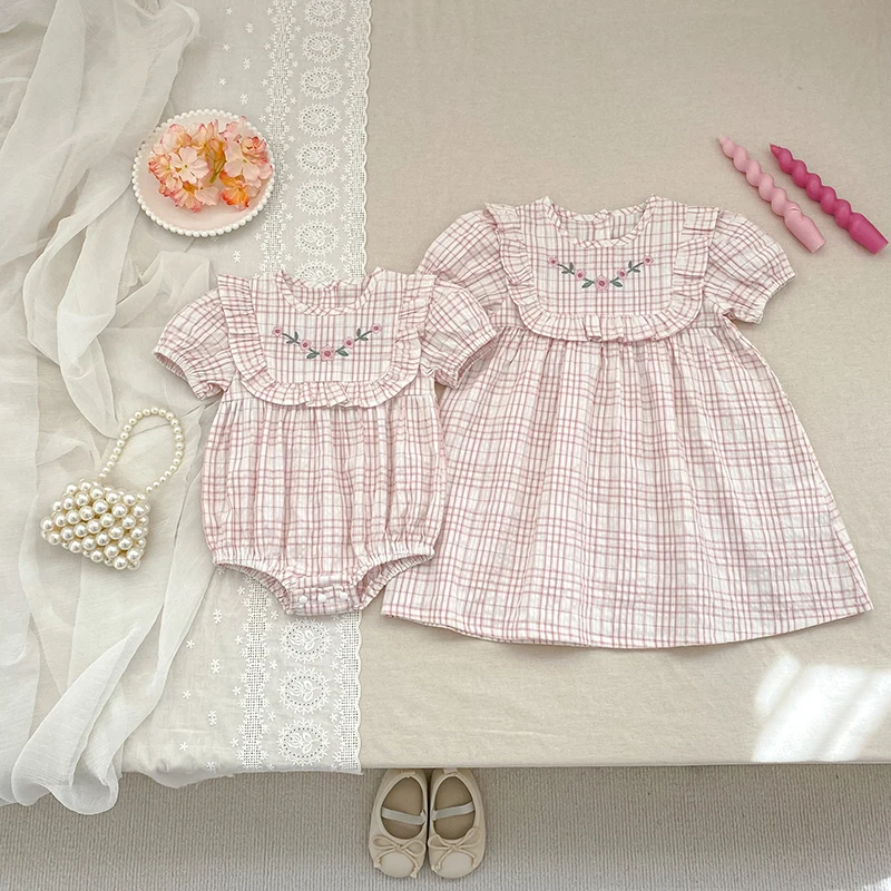 2026 Sommer-Schwesterkleidung 0-24M Baby Mädchen Kurzarm-Body mit Gitter-Stickerei 2-6 Jahre Süße Partykleider für Kinder – Detail 33