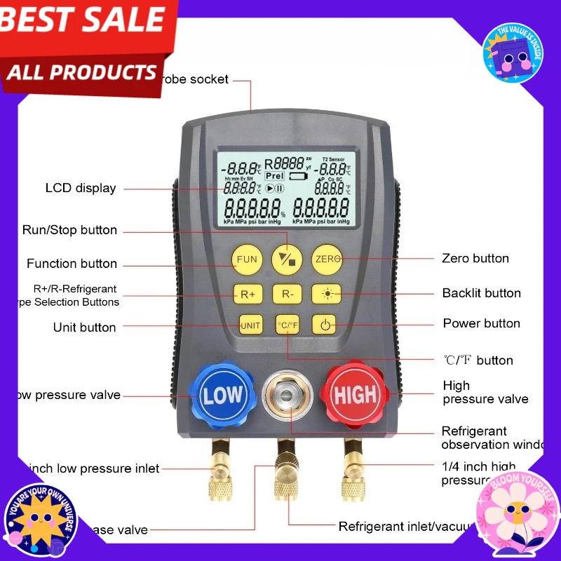 Digital Vacuum Pressure Multitube Tester Instrument Pressure Gauge Refrigeration Temperature Tester