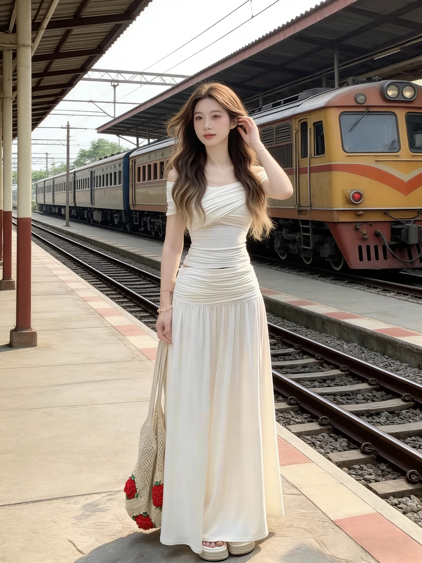 

White Shoulder Baring Top And Skirt Set Women's Fashion Summer 2026 Waist Cinching Ensemble Short Sleeve Two Piece Suit