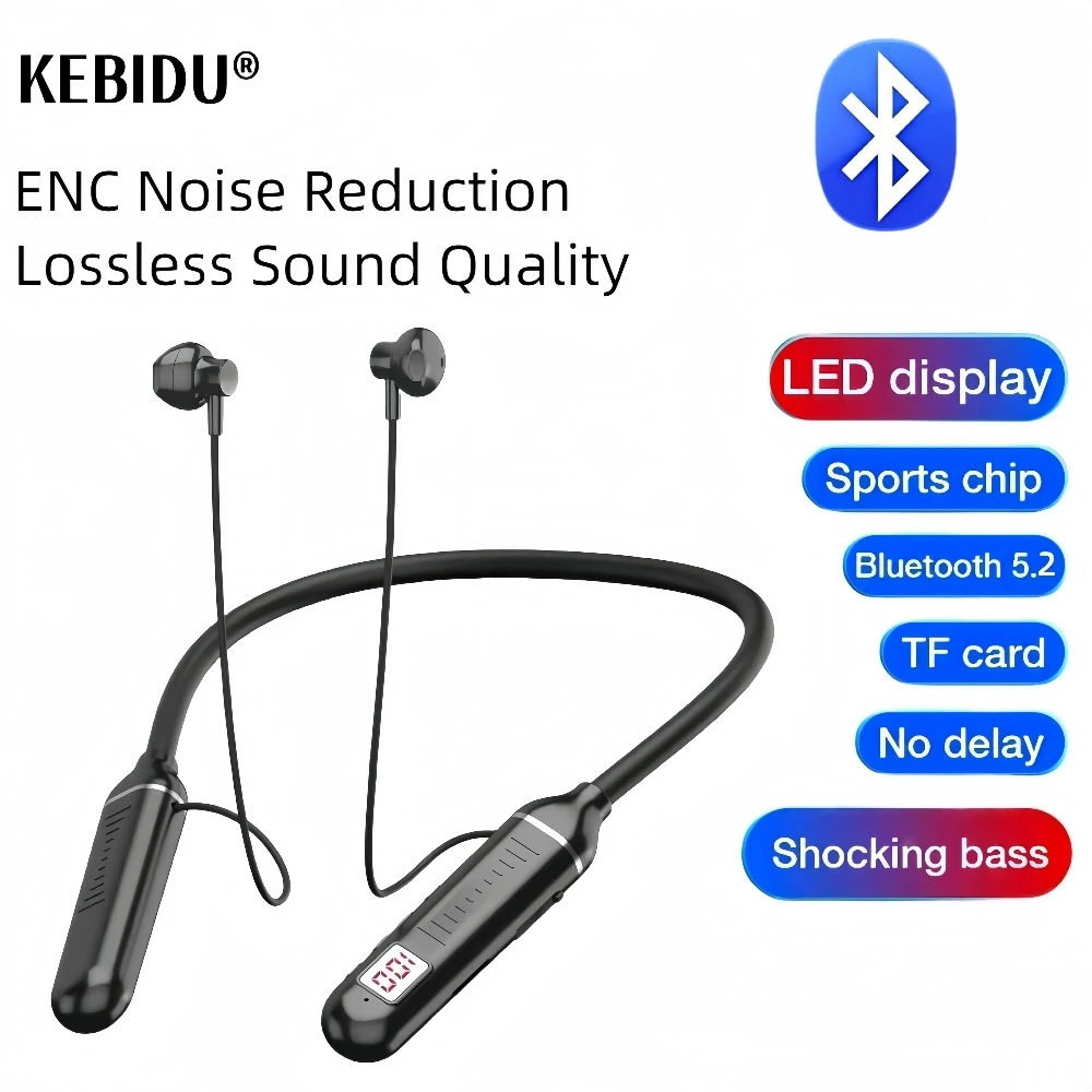سماعات بلوتوث 5.3 سماعات لاسلكية بشريط حول الرقبة سماعات ألعاب LED عرض HIFI سماعة أذن رياضية TWS مع ميكروفون بطاقة TF