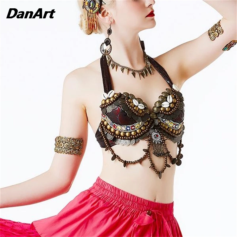 Disfraz de danza del vientre para mujer, Ropa Étnica, Tribal, gitana, sujetador con cuentas a mano, ajustable, novedad