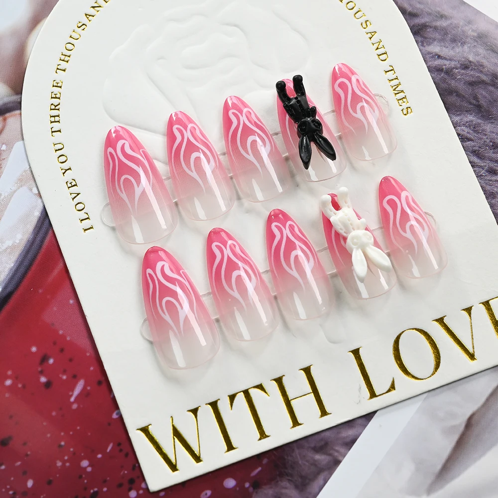 24개 귀여운 토끼 불꽃 디자인 핑크 그라데이션 아몬드 모양 플라스틱 네일, 광택 아크릴 풀커버 여성용 프레스온 네일 (도구 포함)