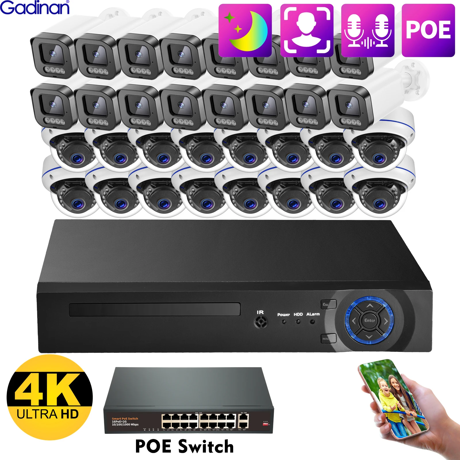 

Gadinan 4K Ultra HD 8MP Face Detect POE NVR Video Surveillance Kit Outdoor Two-Way Audio 4MP CCTV Home Video Surveillance System