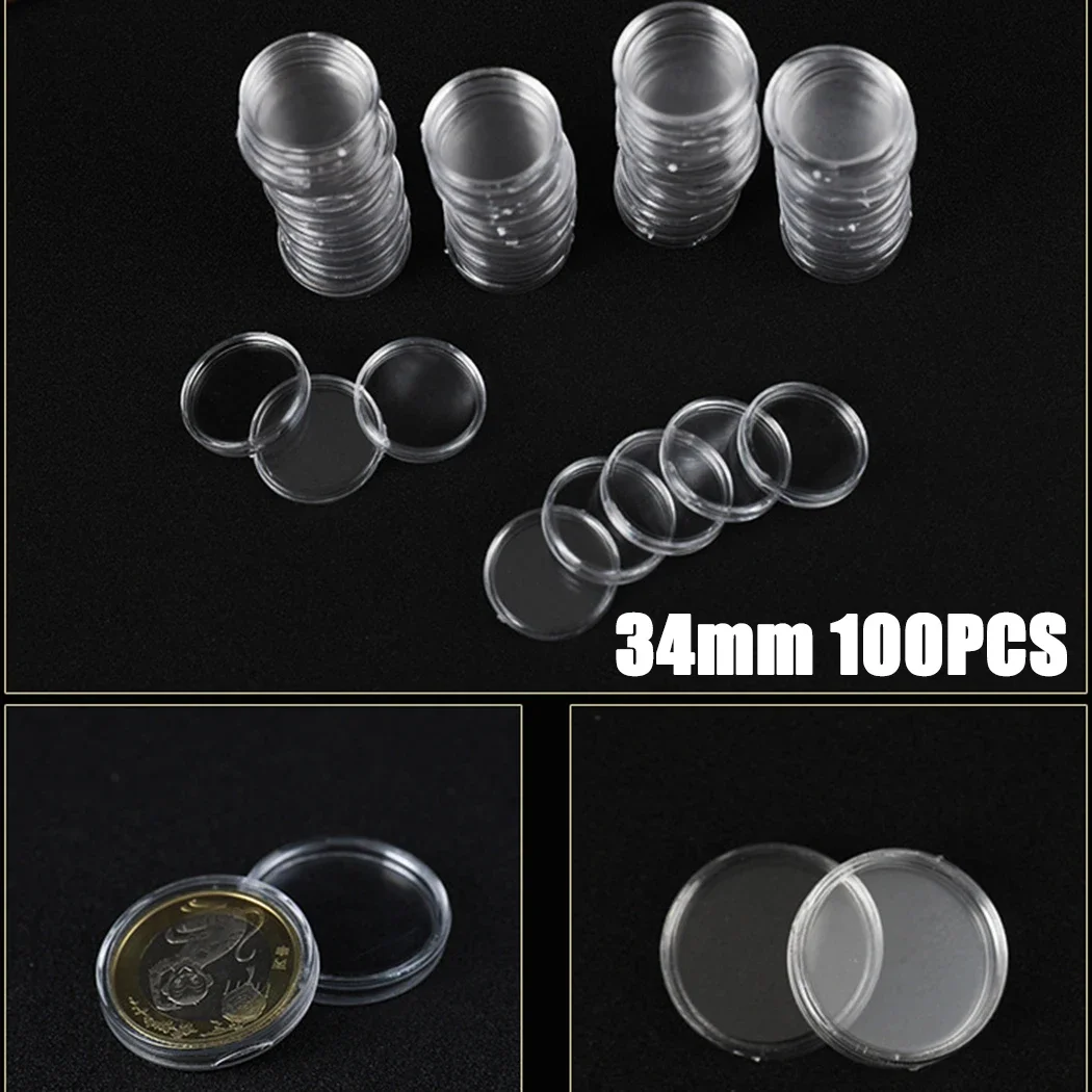 Coin Cases Capsules Holder, 34mm, Clear Plastic Round Storage Boxes, Pack of 100, Protect Your Valuable Commemorative Coins