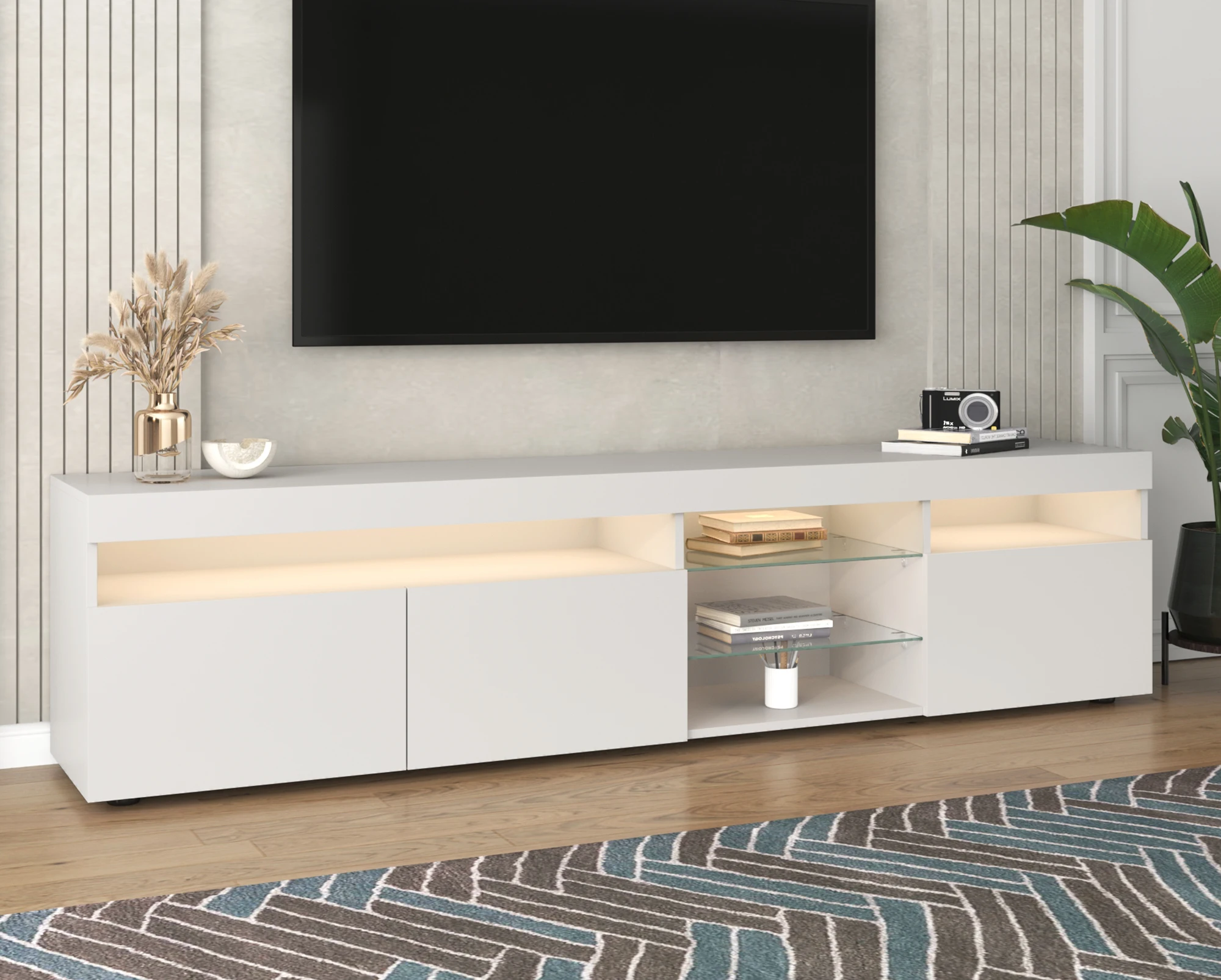 White modern TV wardrobe, bright panel, variable LED lighting, living room and dining room, 180 cm