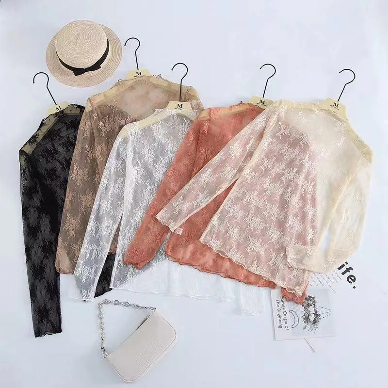 

Sexy Sleep Tops Women Half High Collar Mesh Bottomed Women's Lounge Lace Ear Edge Long Sleeve Floral Top See-Through Inner Wear