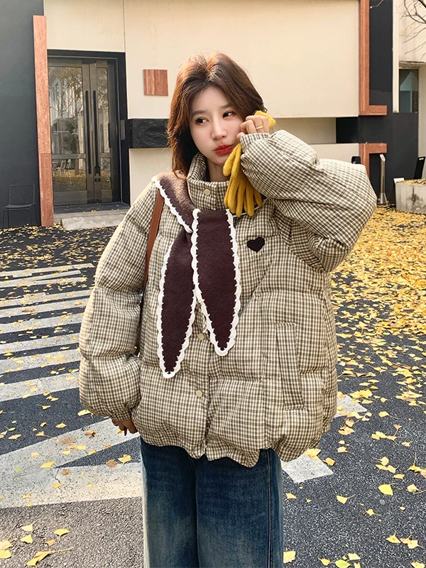 

Вязаная женская куртка в клетку с цветными вставками, зимняя теплая верхняя одежда, повседневная, с наполнителем из 90% белого пуха
