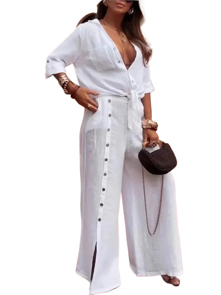 

Spring Summer Suit New Women's Loose Tops High Waist Wide Leg Pants Two Piece Set For Women Fashion Casual Holiday Pants Sets