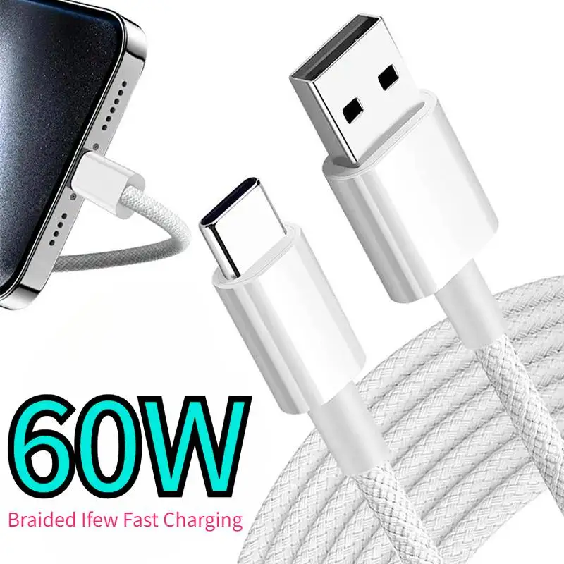 

60W Type C Mobile Phone Charging Cables Fast Charger USB A To Type C Nylon Braided Cord for Apple IPhone 17 16 15 Pro Max Plus