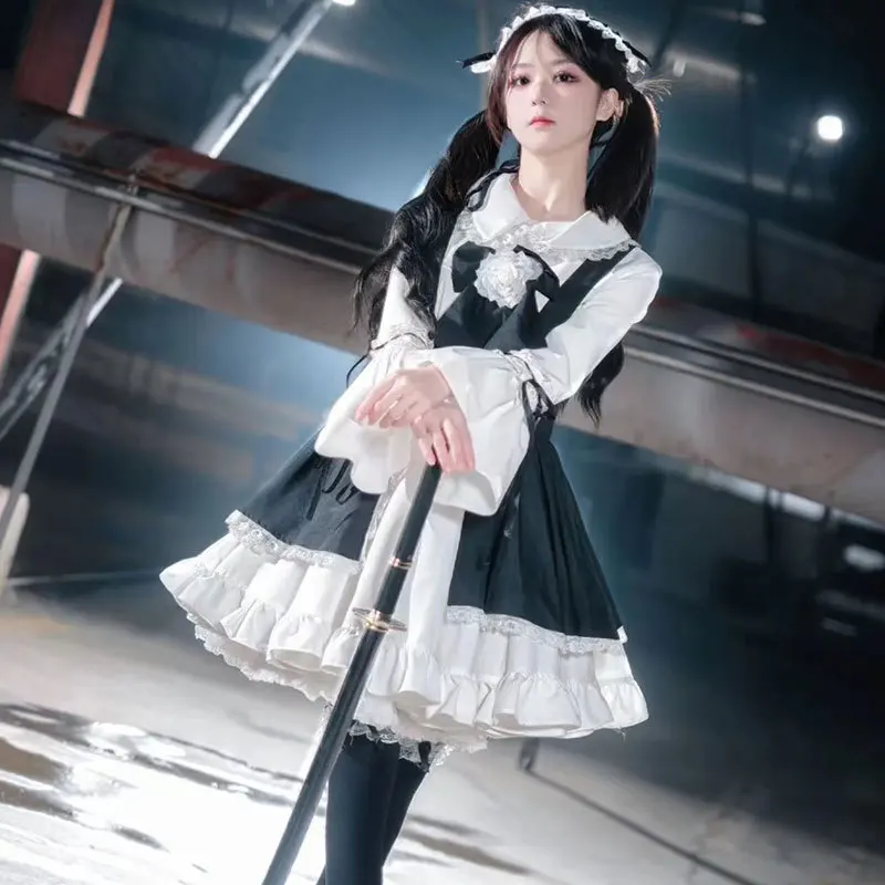 Blowing Pussy Maid Dress Cosplay Black and White Japanese Long Sleeve Lolita  Maid Dress Cute   Loose