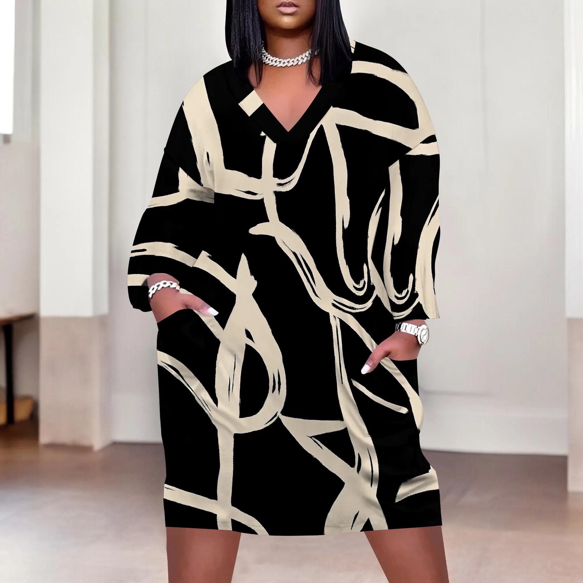 

Abstract Art Women's Maxi Dress XL-6XL, V-Neck Casual Summer Dress with Pockets, Black & Beige Brushstroke Pattern