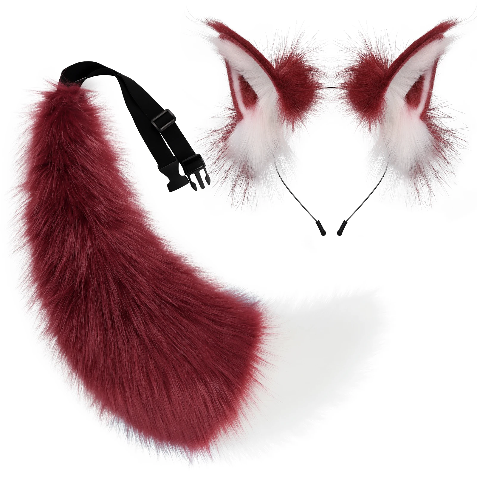 2 PCS Faux Fur Animal Ears Headband Furry Fox Wolf Tail Costume Set for Party Cosplay