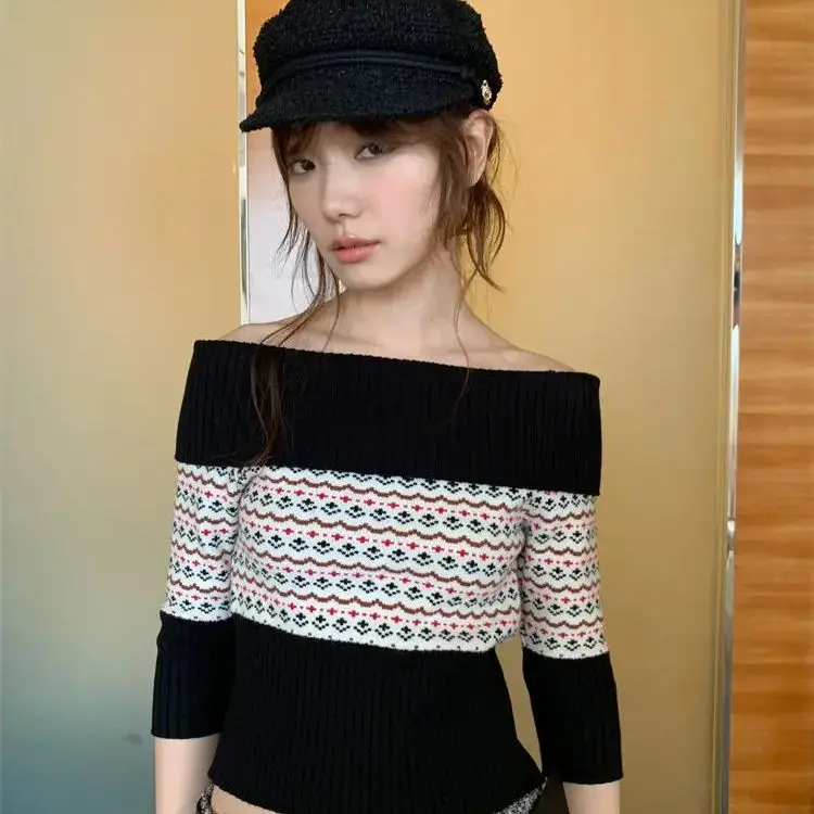 

Jacquard One-Line Collar Long-Sleeved Sweater Women Autumn Winter New Hot Girl Versatile Temperament Off-Shoulder Niche Top