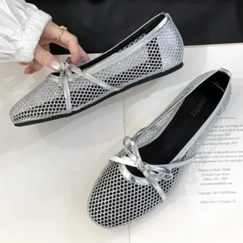 silver-mesh-hollow-flat-sandals-women-bowknot-design-comfort-mary-jane-shoes-fashion-shallow-mouth-designer-brand-ballet-flats